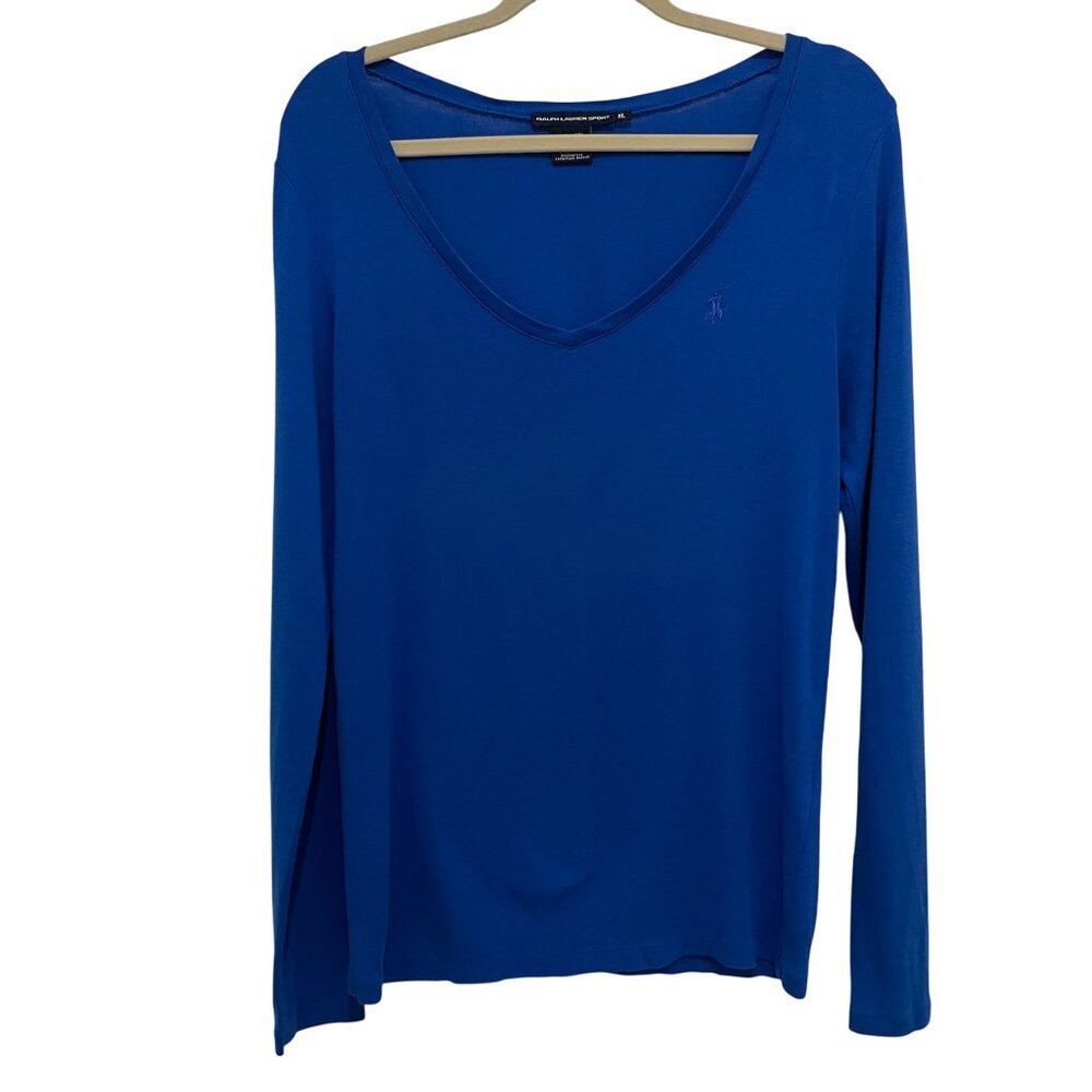 Ralph Lauren Sport Womens Blue Long Sleeve V-Neck Shirt Pima‎ Cotton Blend XL